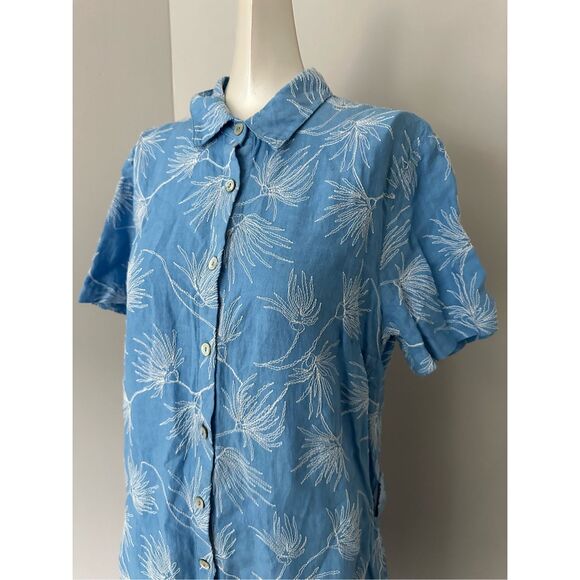 NWT 120% Lino Button Front Short Sleeve Embroidered Linen Shirt Dress Blue Sz 46 - Picture 4 of 9